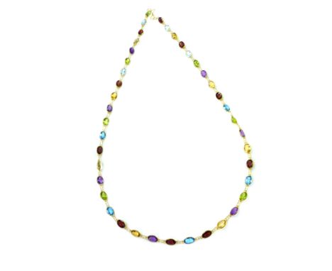 A garnet, peridot, topaz, citrine and amethyst collar necklace, in yellow gold, the oval cut stones delicately strung to crea