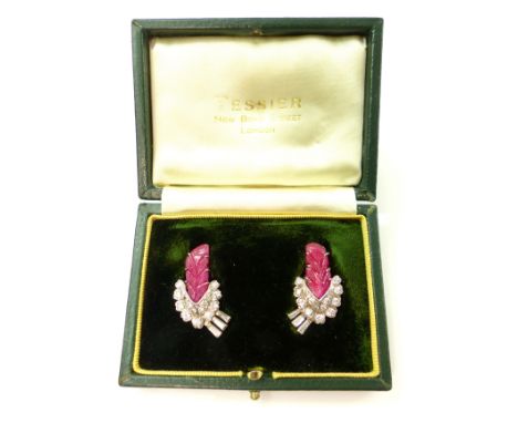 A pair of spectacular antique ruby and diamond earrings, in high carat white gold, the rubies weighing 5.08ct and 5.20ct, car