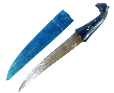 Late 19th / early 20th century Mongolian dagger, the blue hardstone handle carved as a horse head, in a blue velvet scabbard,