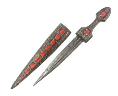 19th century Kindjal dagger, possibly Ottoman the handle and scabbard set with coral, brass wire and white metal leaves, blad