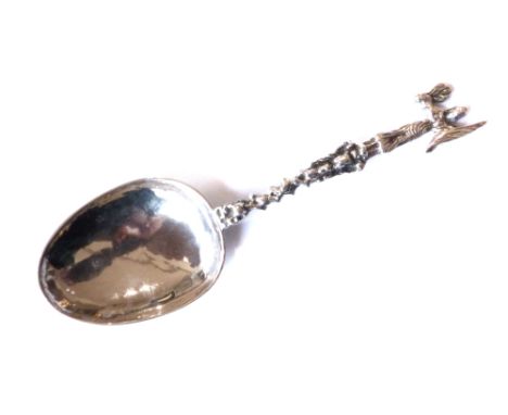 18th C Dutch silver christening spoon, person holding flowers and feathers finial engraving of a hound to reverse of the bowl