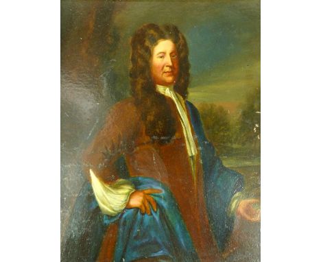 Late 19th / early 20th C portrait Samuel Pepys, oil over print base on paper mounted on board in gilt frame. 28x 21cm 