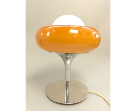 Harvey Guzzini 1970 designer Orbit lamp, chromed stand, original store label for Meblo, plastic shade approx 33 cm dia.