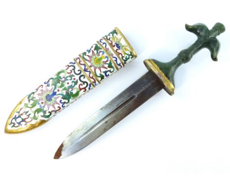 Late 19th early 20th century Chinese dagger, with a carved jade handle and cloisonne scabbard, blade  19 cm