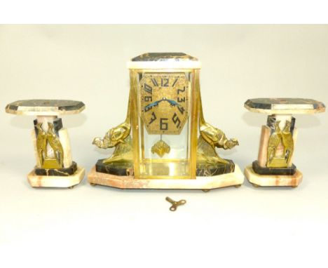 Art Deco brass and marble mantel clock, the dial set out in Arabic numerals within a four glass case flanked by pheasants, to