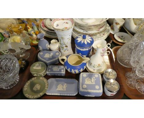 A Tray of Wedgwood Green and Blue Jasperware, Anysley Vase, Royal Worcester Egg Coddlers, Wedgwood Mirabelle Vase etc 