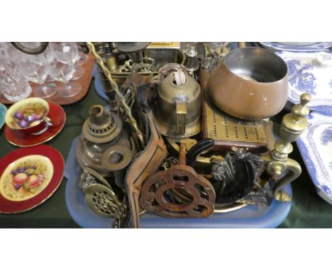 A Tray of Brass and Copper Wares to Include Oil Lamp, Candelabra, Kettle Stands, Cribbage Board Etc 