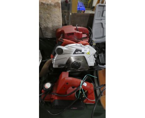 A  Collection of Three Electric Power Tools to Include Power Devil Planer, Wilko Circular Saw and Power Devil Sander 