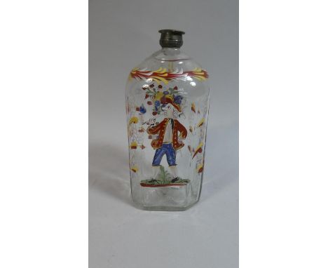 An Early 19th Century Hand Blown Glass Flask with Screw Top and Enamelled Decoration Depicting Gent Smoking Pipe, 20cm High