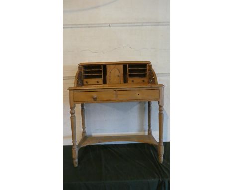 A Pine Ladies Writing Desk with Two Drawers, Turned Supports, Stretcher Shelf and Fitted Top with Drawers etc, 87cm Wide 