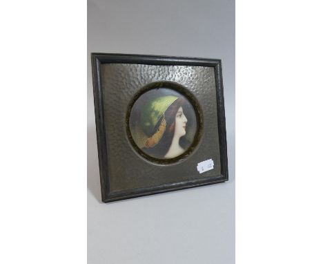 A Pair of Pewter Framed Miniature Portrait Prints of Maidens, 6.5cm wide 