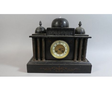 A French Black Slate Mantle Clock of Architectural Form with Eight Day Movement, 40.5cm Wide 