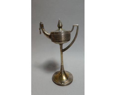 A Silver Table Lighter in the Form of Aladdin's Lamp with Ribbed Decoration Set on  Pedestal Base, Stamped for G&S.Co London,