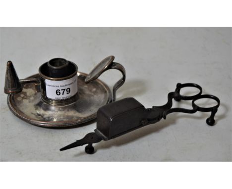Silver plated on copper chamber stick with candle snuffer, and a pair of early 19th Century iron scissor candle snuffers (at 