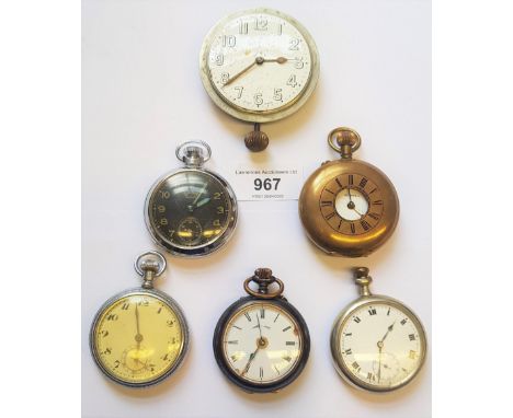 Blued steel and gold plate mounted Acier alarm crown wind pocket watch, plated brass cased half hunter pocket watch, three ot