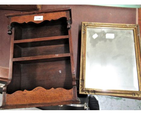 Small 19th Century mahogany wall bracket of three shelves with shaped frieze and turned decoration, together with a rectangul