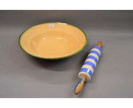 Large glazed dairy bowl and an early T.G. Green Cornishware rolling pin 