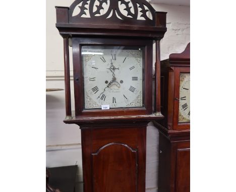 Mahogany longcase clock with a pierced fretwork pediment, square hood and arched panel door, the painted dial with Arabic and