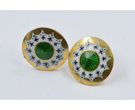 Pair of 18ct gold enamel decorated circular stud earrings, 3.8g 