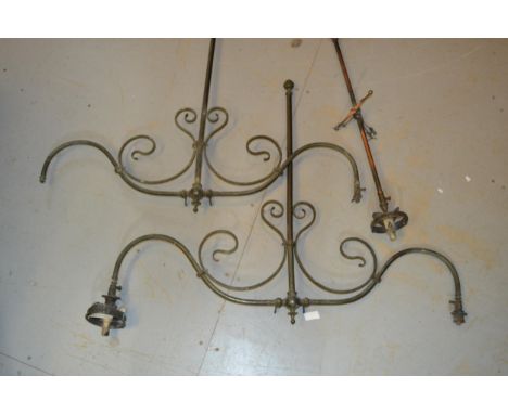Group of three various brass hanging gas light fittings, together with a quantity of similar wall light fittings and a quanti