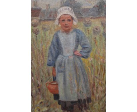Modern British School oil on canvas board, portrait of a Dutch girl in a landscape, 13ins x 9insNo signature or attribution 