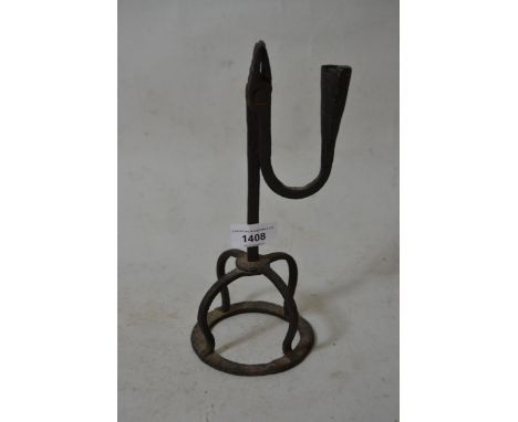 Antique wrought iron rush light holder, 10ins high 