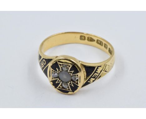 19th Century 18ct gold black enamel, diamond and seed pearl mourning ring, 4.5g 