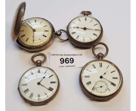 Small silver cased full hunter keywind fob watch with enamel dial having Roman numerals, and three silver cased open face fob