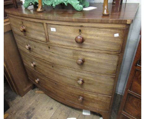Victorian mahogany bow front chest of two short and three long drawers with knob handles and splay bracket feet, 41.25ins wid