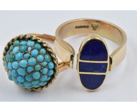 9ct Gold ring with blue enamel decoration together with a turquoise set gold ring 