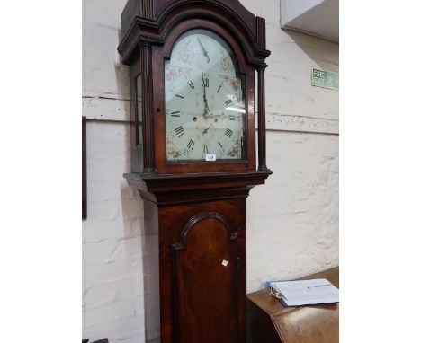 George III mahogany longcase clock, the broken arch hood above an arched panel door and conforming plinth, the painted dial s