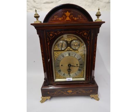 Good quality Edwardian mahogany marquetry inlaid large bracket clock, the silvered and gilt brass arched dial with Roman and 