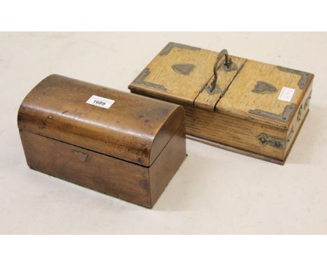 19th Century walnut two division dome topped tea caddy, together with a Victorian oak brass mounted smoker's box (at fault) 