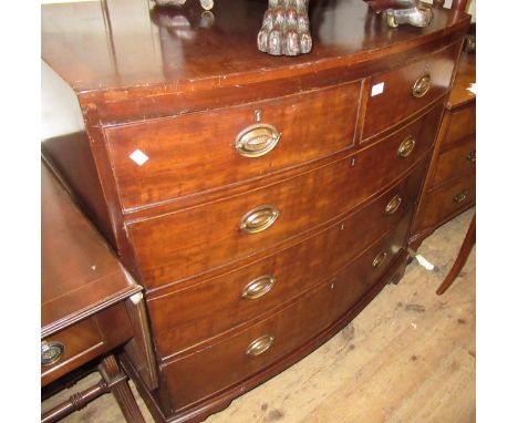 Early 19th Century mahogany bow fronted chest of two short and three long drawers with oval brass handles raised on bracket f