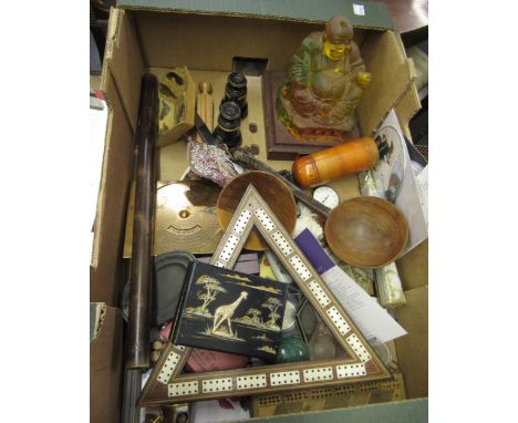 Box containing a quantity of various miscellaneous items including a miniature pewter platter, pair of ebonised and gilt oper