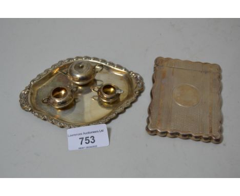 Miniature Birmingham silver three piece tea service with tray, together with a silver engine turned card case, 4ozAll marked 