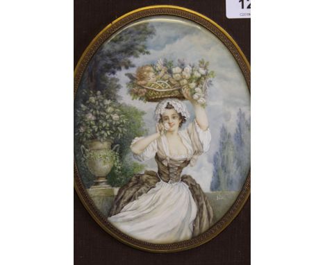 Late 19th / early 20th Century watercolour miniature on ivory, portrait of a girl carrying a basket of flowers with Cupid, in