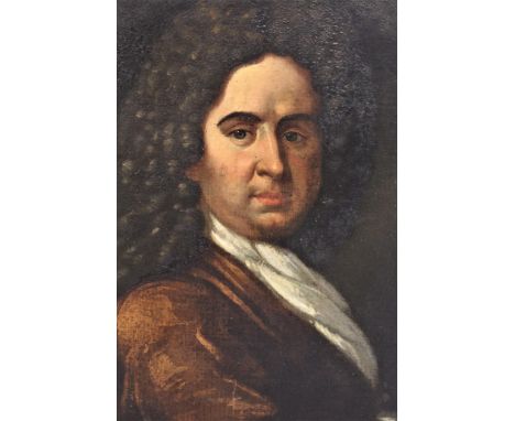 18th Century oval oil on canvas, head and shoulder portrait of a bewigged gentleman, 29ins x 24ins, in original gilt composit