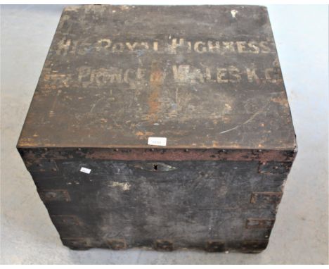 19th Century rectangular stained pine metal mounted trunk, inscribed to the top ' His Royal Highness, Prince of Wales K.C. ',