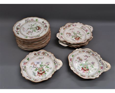 Late 19th / early 20th Century Continental porcelain dessert service having floral enamel decoration on a white ground with g