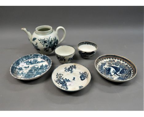 Quantity of 18th Century English blue and white painted teaware including a teapot minus cover, saucers and tea bowlsAll item