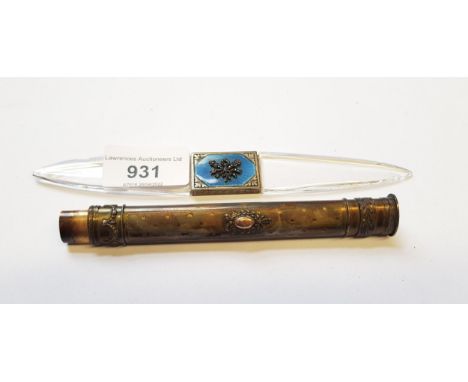 Silver propelling pencil case with cabochon button and a silver and blue enamel marcasite mounted paper knife (at fault) 