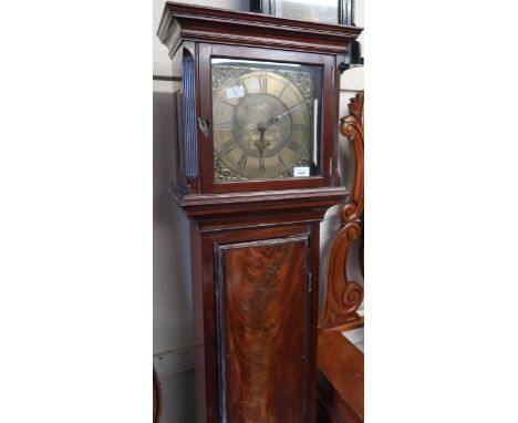 Mahogany longcase clock, the square hood above a rectangular panel door and conforming plinth base, the brass dial with Arabi