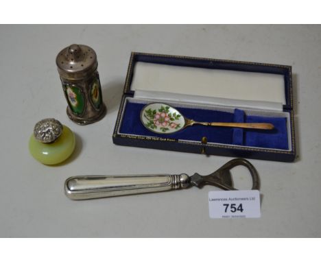 Silver and enamel spoon, cased, sterling silver handled bottle opener, silver mounted pepper and a miniature white metal moun