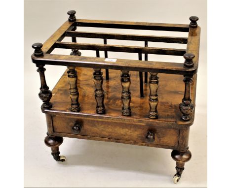 19th Century burr walnut three division Canterbury with turned and carved gallery and single drawer with knob handles, on tur