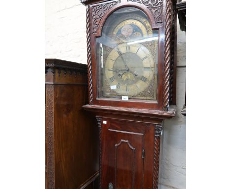 18th / 19th Century mahogany longcase clock, the inlaid case with spiral turned flanking pilasters,  the brass dial with moon