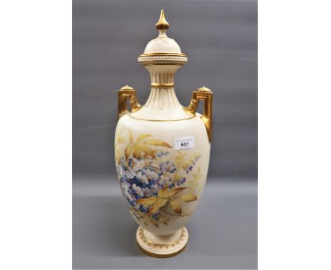 Large 19th Century Royal Worcester blush ivory and gilded vase and cover painted with various flowers (with restoration to on