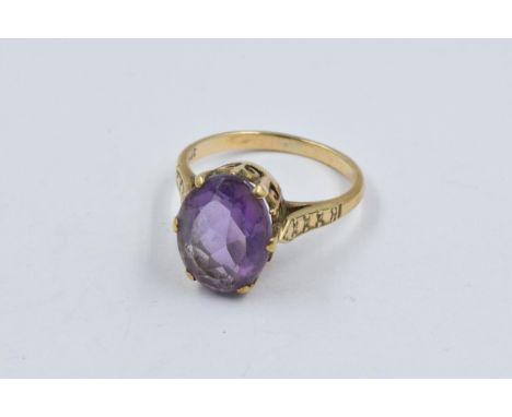 9ct Gold amethyst set ring together with a 9ct gold blue zircon and seed pearl bar brooch 