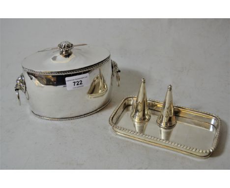 Early 20th Century oval silver plated tea caddy and a silver plated tray for candle snuffers 