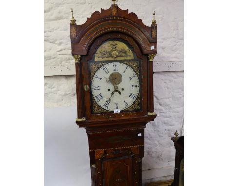 George III  mahogany inlaid and painted longcase clock, the broken arch hood with brass ball finials and flanking Corinthian 